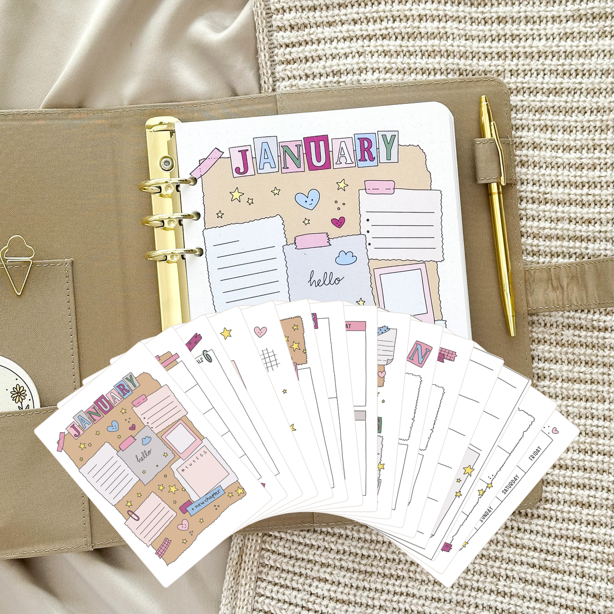 Januar Ringbuch-Einlage – Scrapbooking-Design · Undatiert · 16 handgemalte Seiten