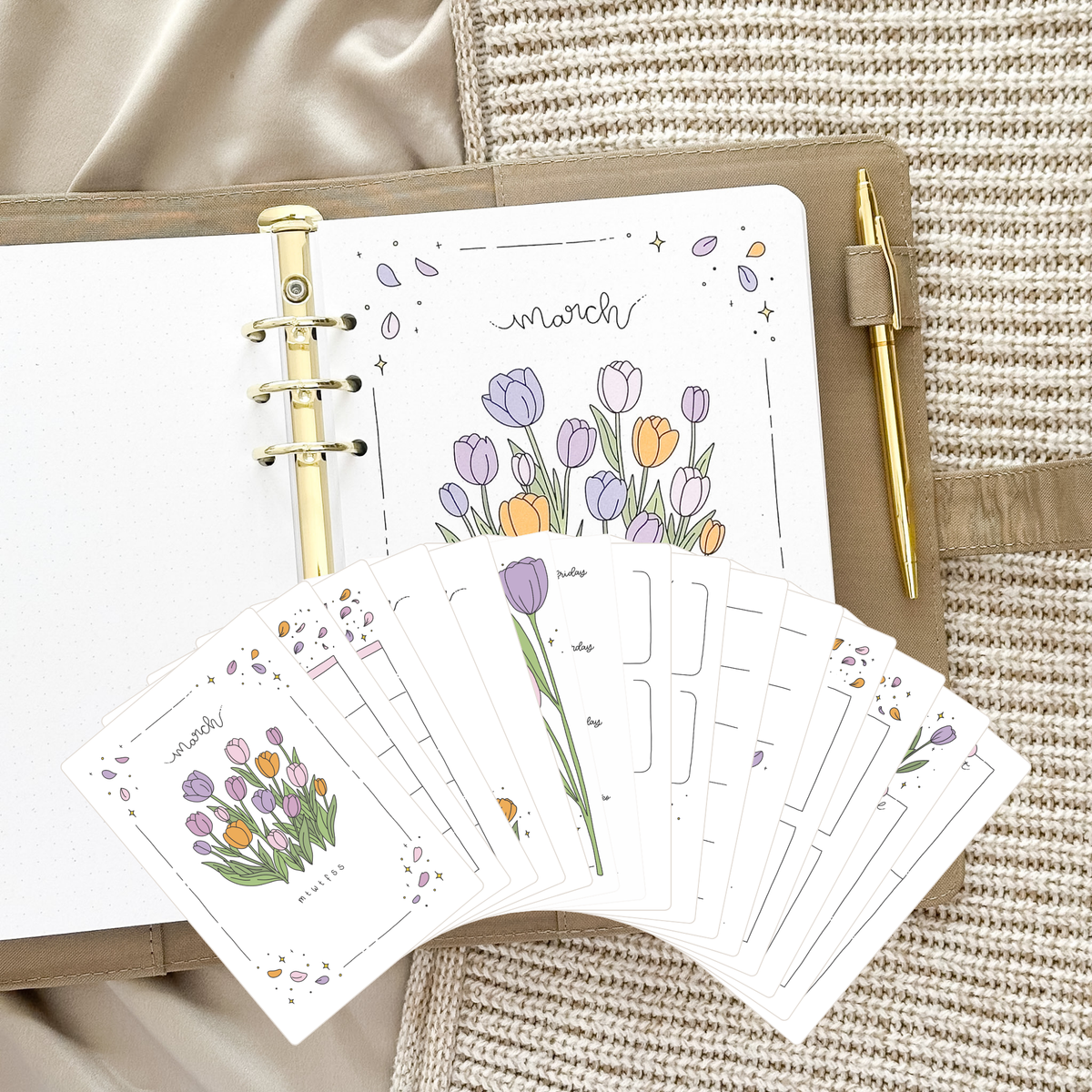 March Ring Binder Insert – Tulips Design · Undated · 16 Hand-Drawn Pages