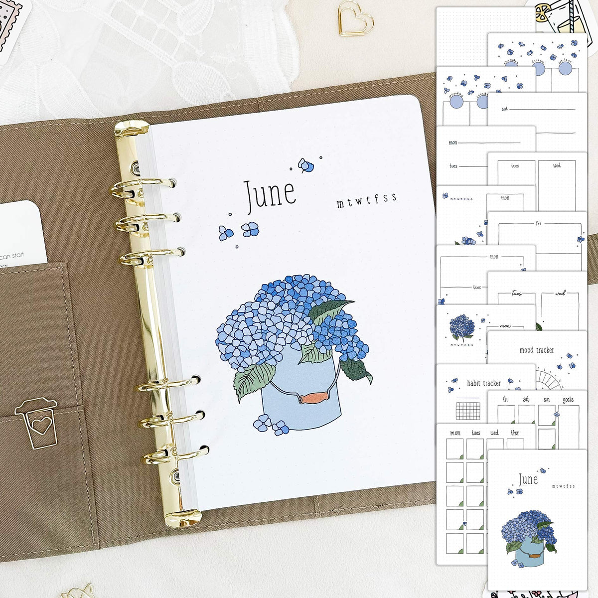 June - Hydrangeas theme - Monthly Planner Undated - 16 hand-drawn pages