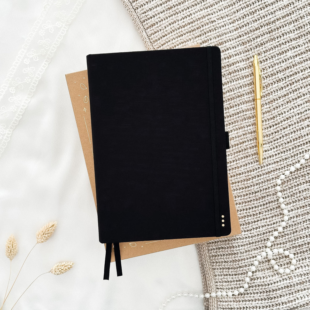 Hand-drawn journal in Black with linen hardcover, undated A5 planner