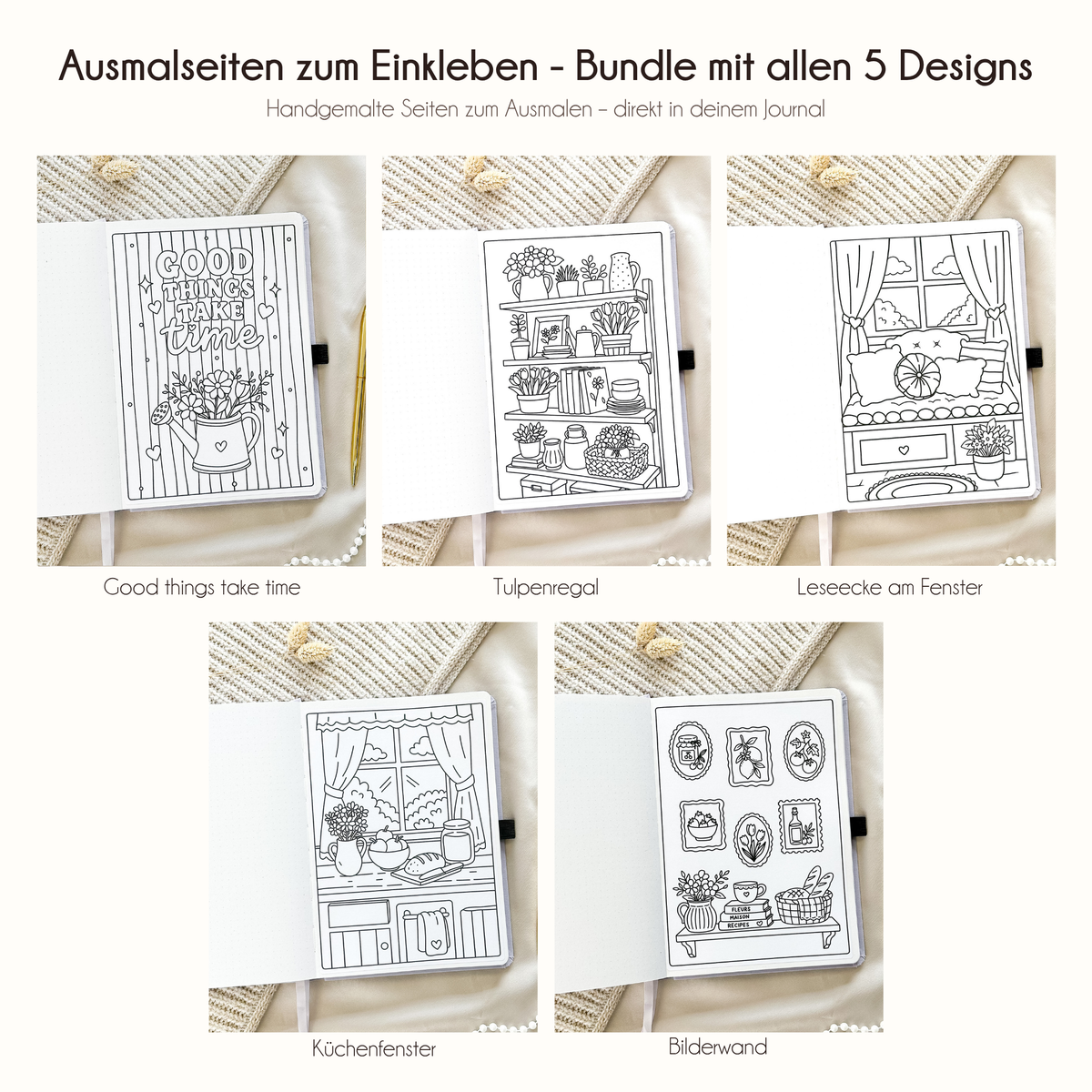 Ausmalseiten zum Einkleben – Bundle mit allen 5 Designs