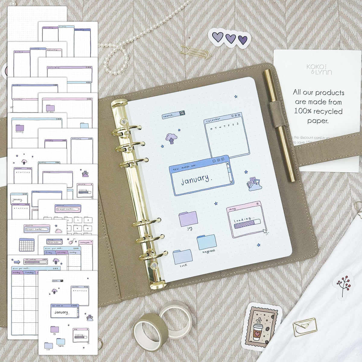 January - Computer theme - Monthly Planner Undated - 16 hand-drawn pages