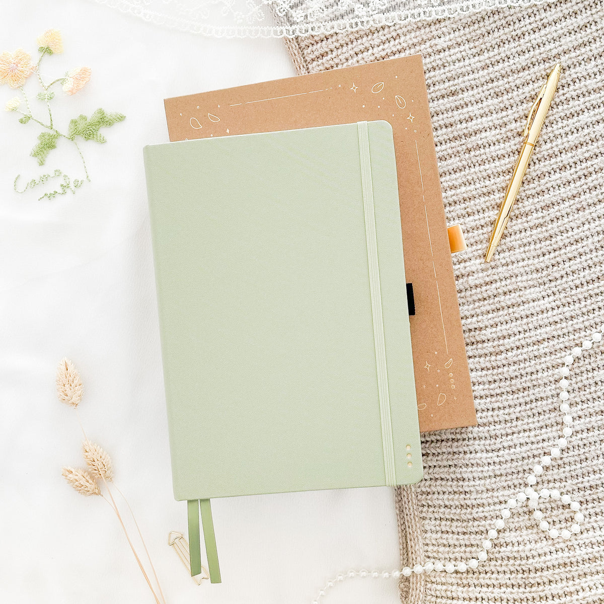 Hand-drawn journal in Light Green with linen hardcover, undated A5 planner