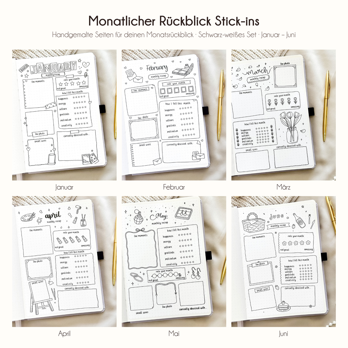 Monatsrückblick zum Einkleben - Set für 12 Monate