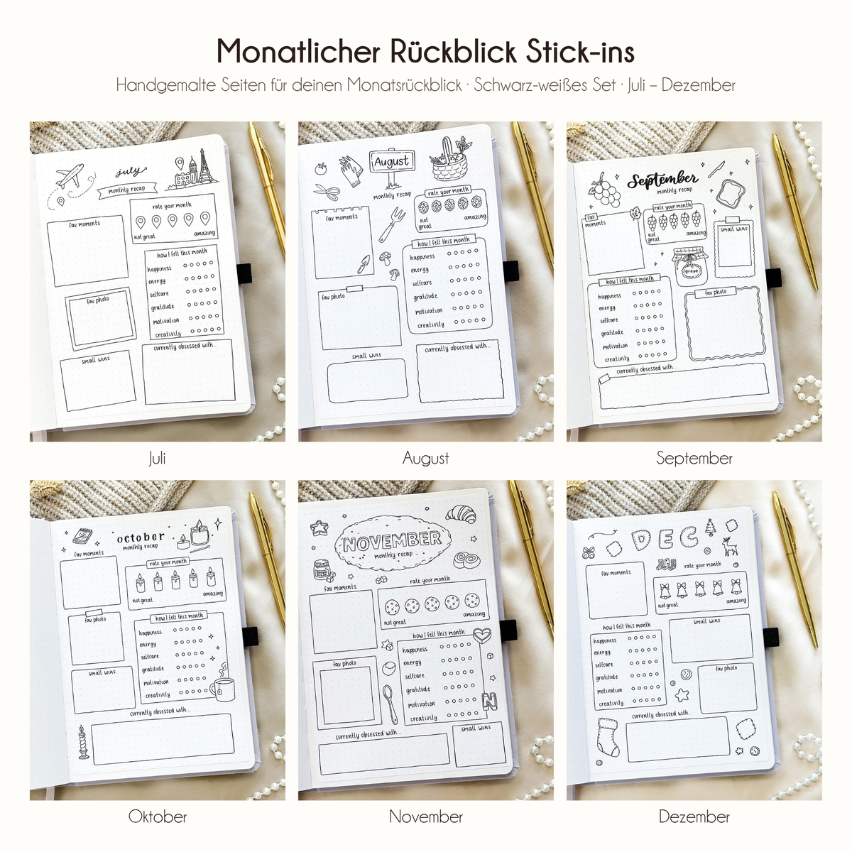 Monatsrückblick zum Einkleben - Set für 12 Monate