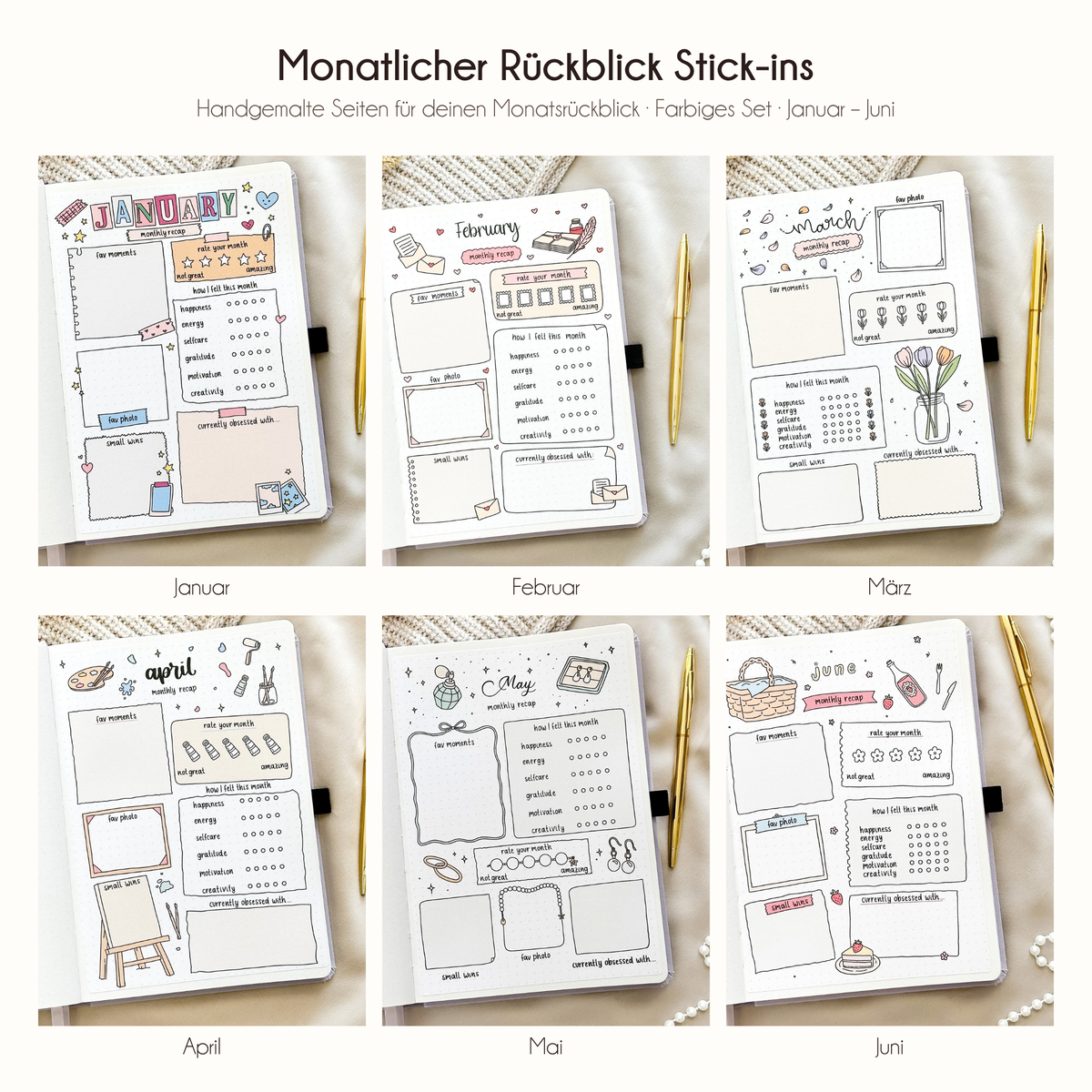 Monatsrückblick zum Einkleben - Set für 12 Monate