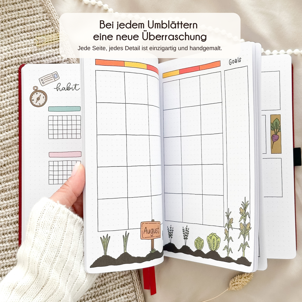 Open Bordeaux journal showing a hand-drawn monthly page, every page unique