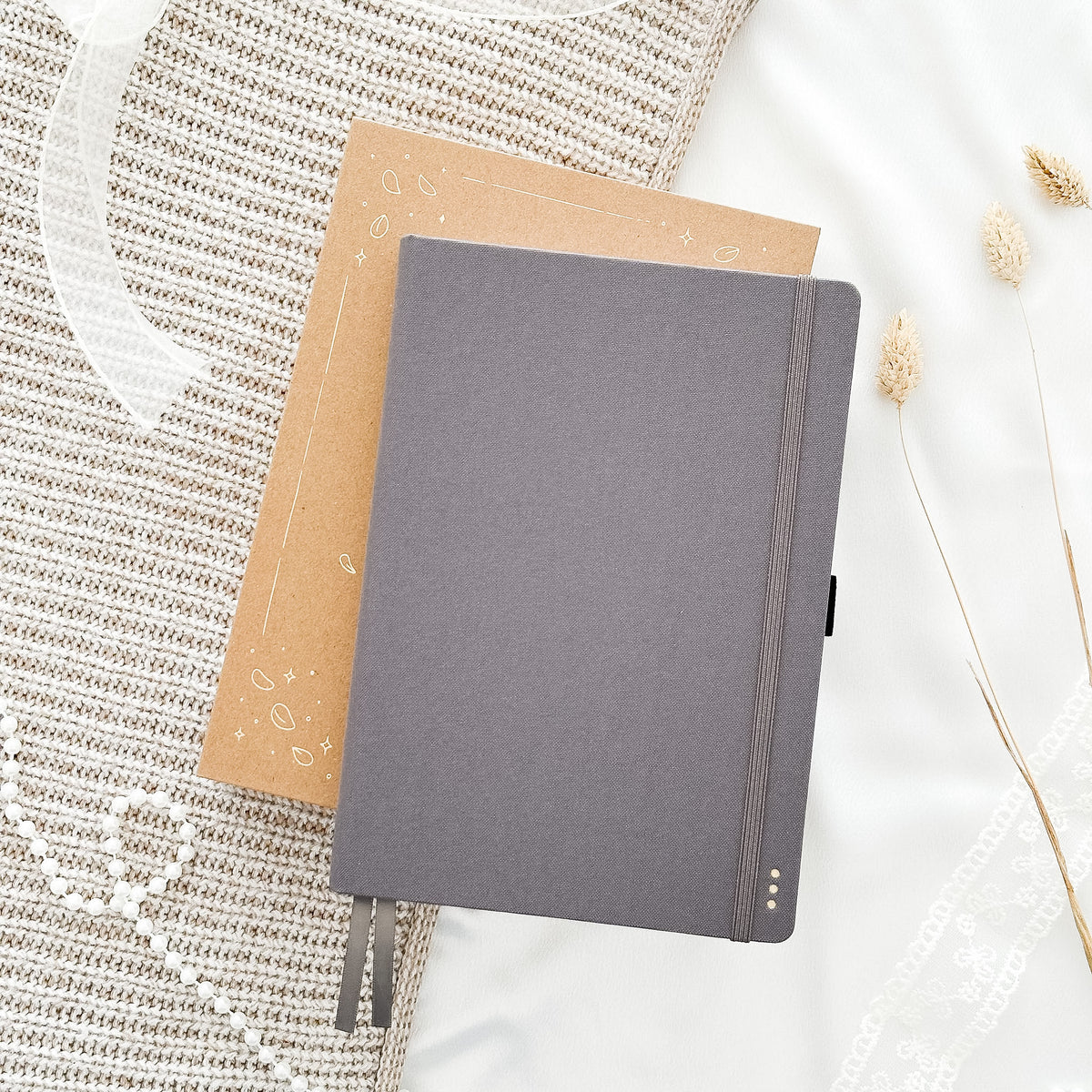 Hand-drawn journal in Taupe with linen hardcover, undated A5 planner