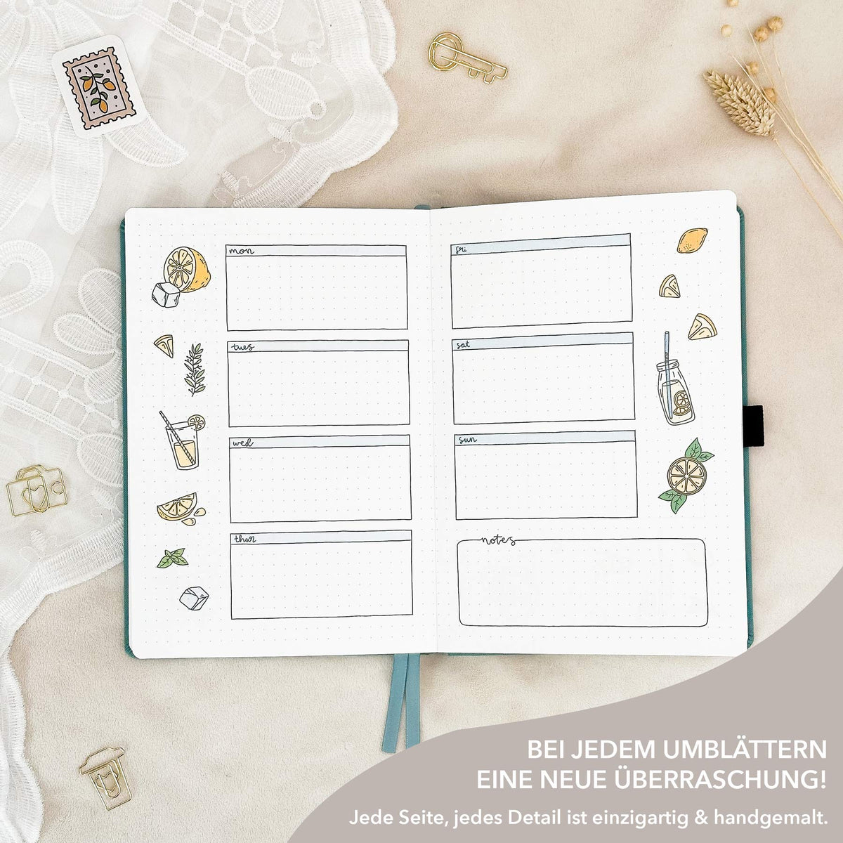 Hand-drawn planner - Undated - 100% recycled paper - Teal
