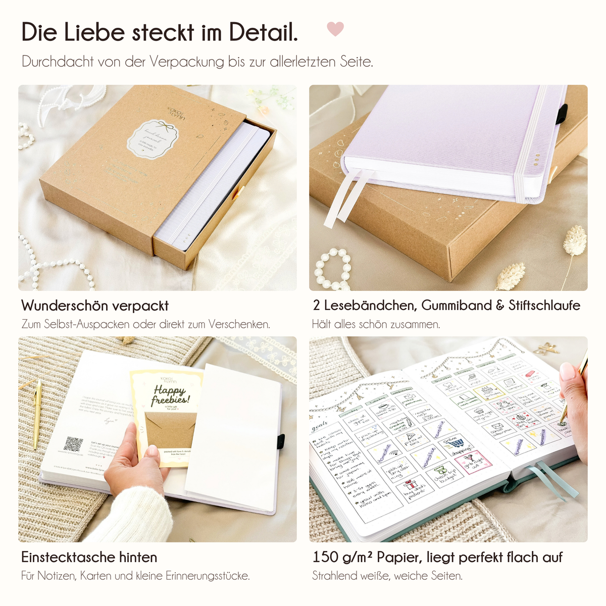 Lilac journal details: 2 ribbon bookmarks, elastic band, pen loop, back pocket, 150gsm paper
