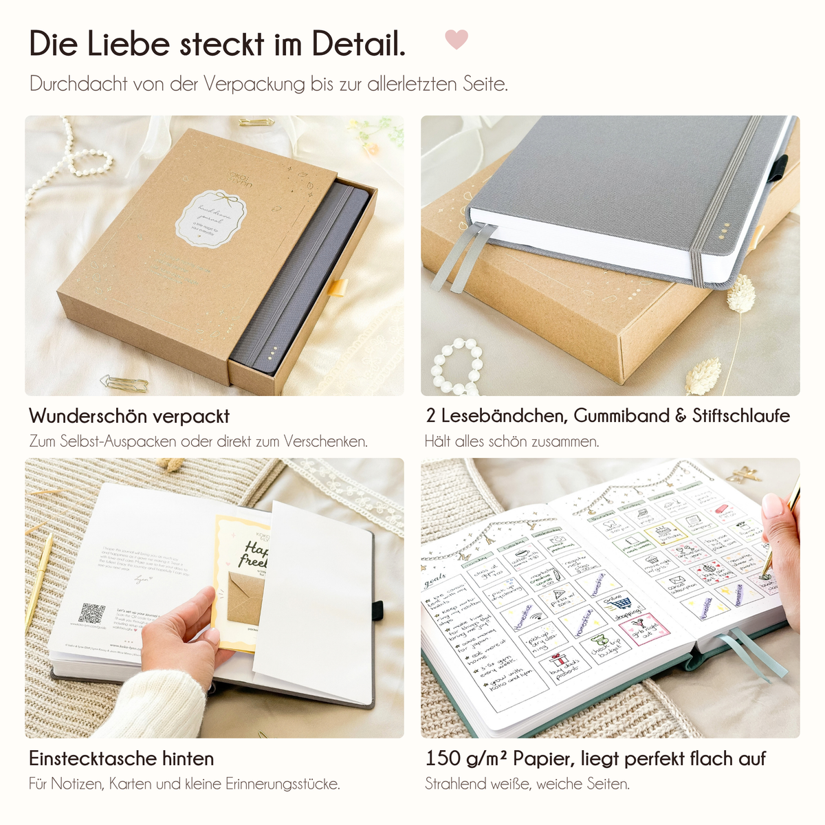 Taupe journal details: 2 ribbon bookmarks, elastic band, pen loop, back pocket, 150gsm paper