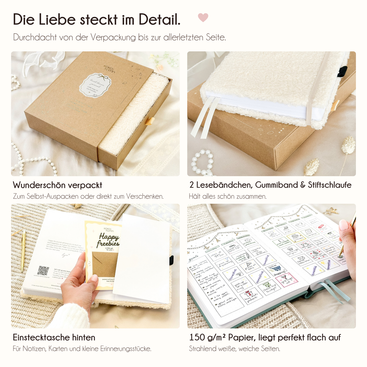 Teddy journal details: 2 ribbon bookmarks, elastic band, pen loop, back pocket, 150gsm paper