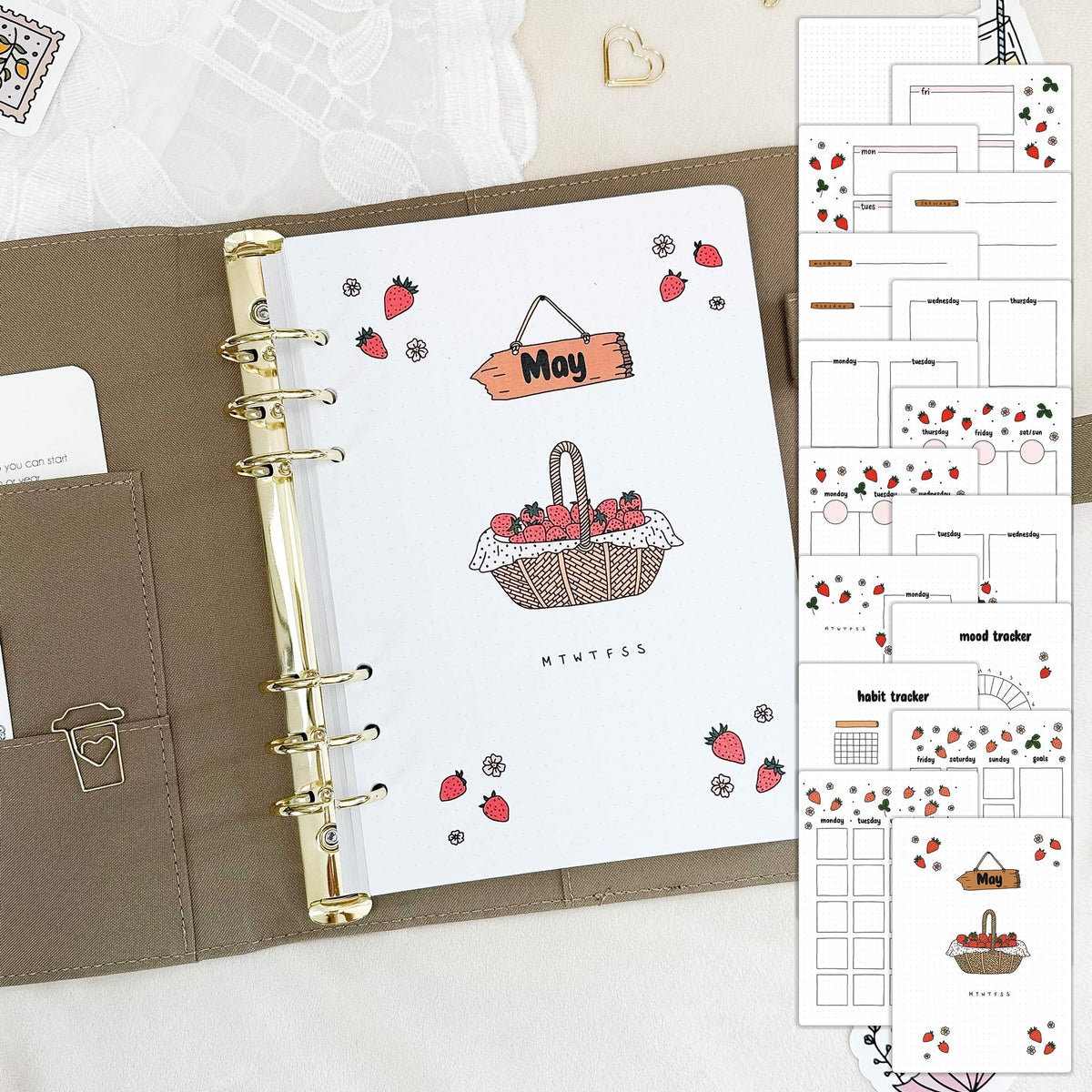 May - Strawberries theme - Monthly Planner Undated - 16 hand-drawn pages
