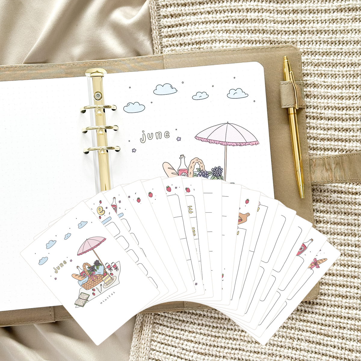 Juni Ringbuch-Einlage – Picknick-Design · Undatiert · 16 handgemalte Seiten