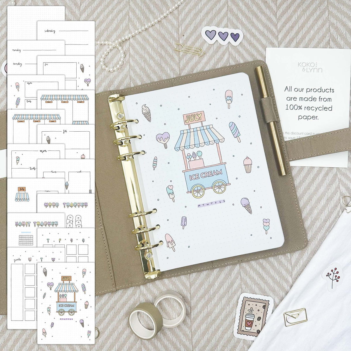 July - Ice cream theme - Monthly Planner Undated - 16 hand-drawn pages