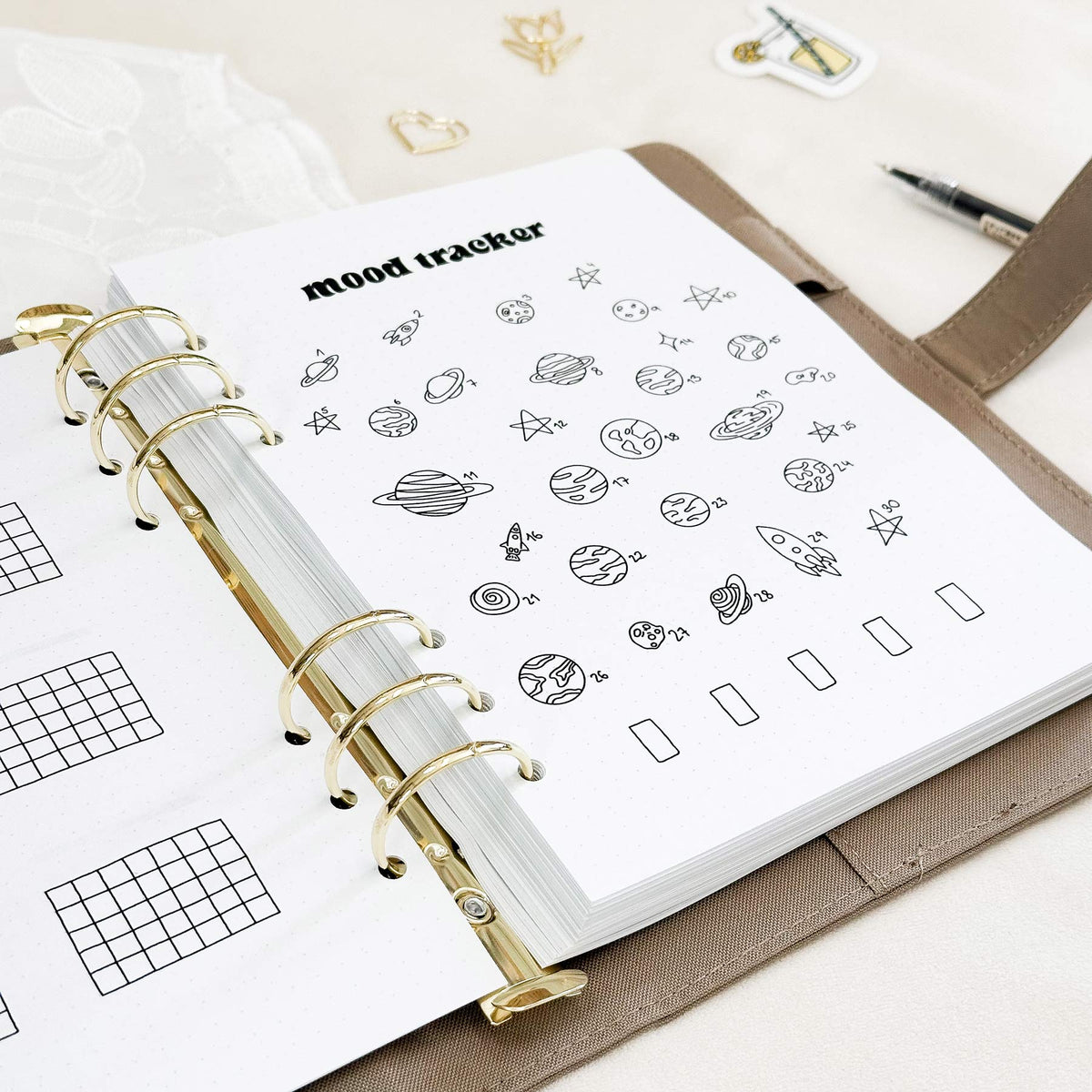 September - Planets theme - Monthly Planner Undated - 16 hand-drawn pages