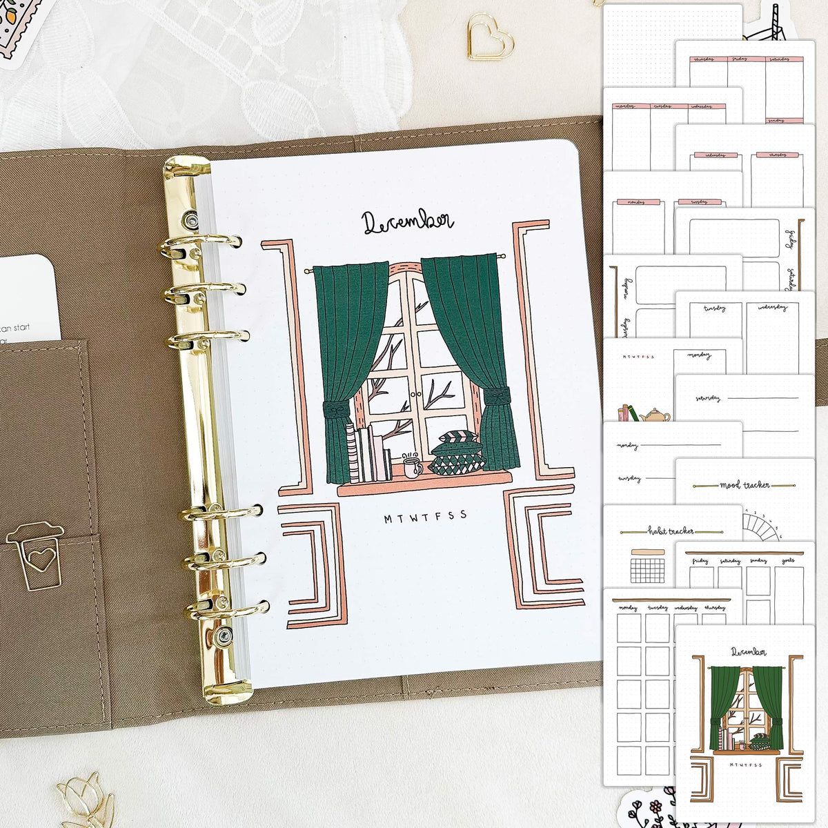 December - Cozy home theme - Monthly Planner Undated - 16 hand-drawn pages