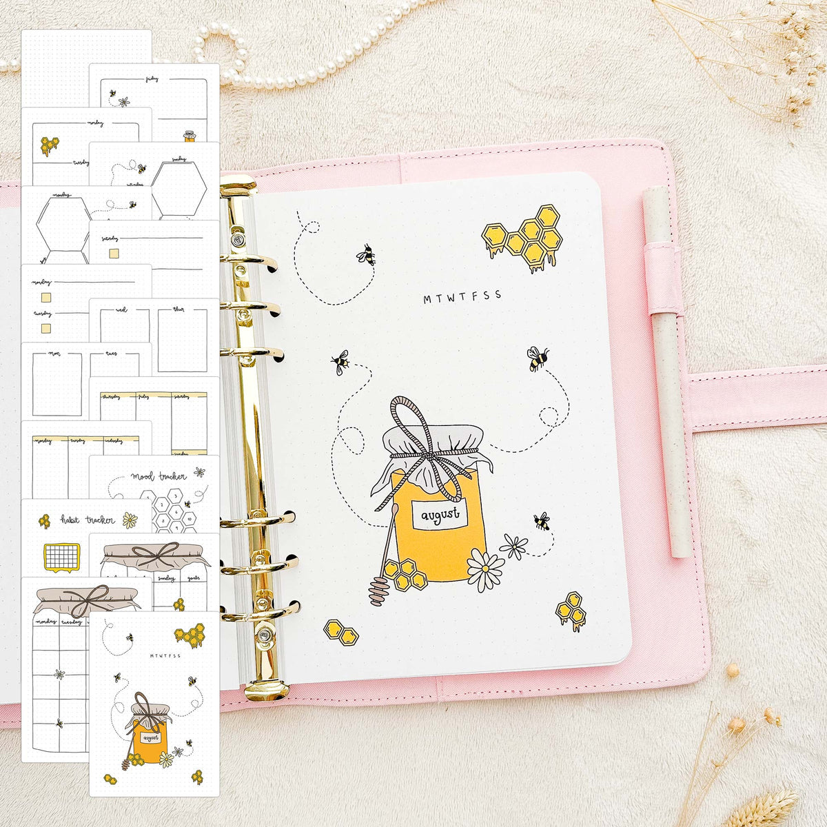 August - Honeybees theme - Monthly Journal Insert Undated - 16 hand-drawn pages