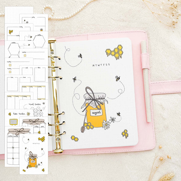 August - Honeybees theme - Monthly Journal Insert Undated - 16 hand-drawn pages
