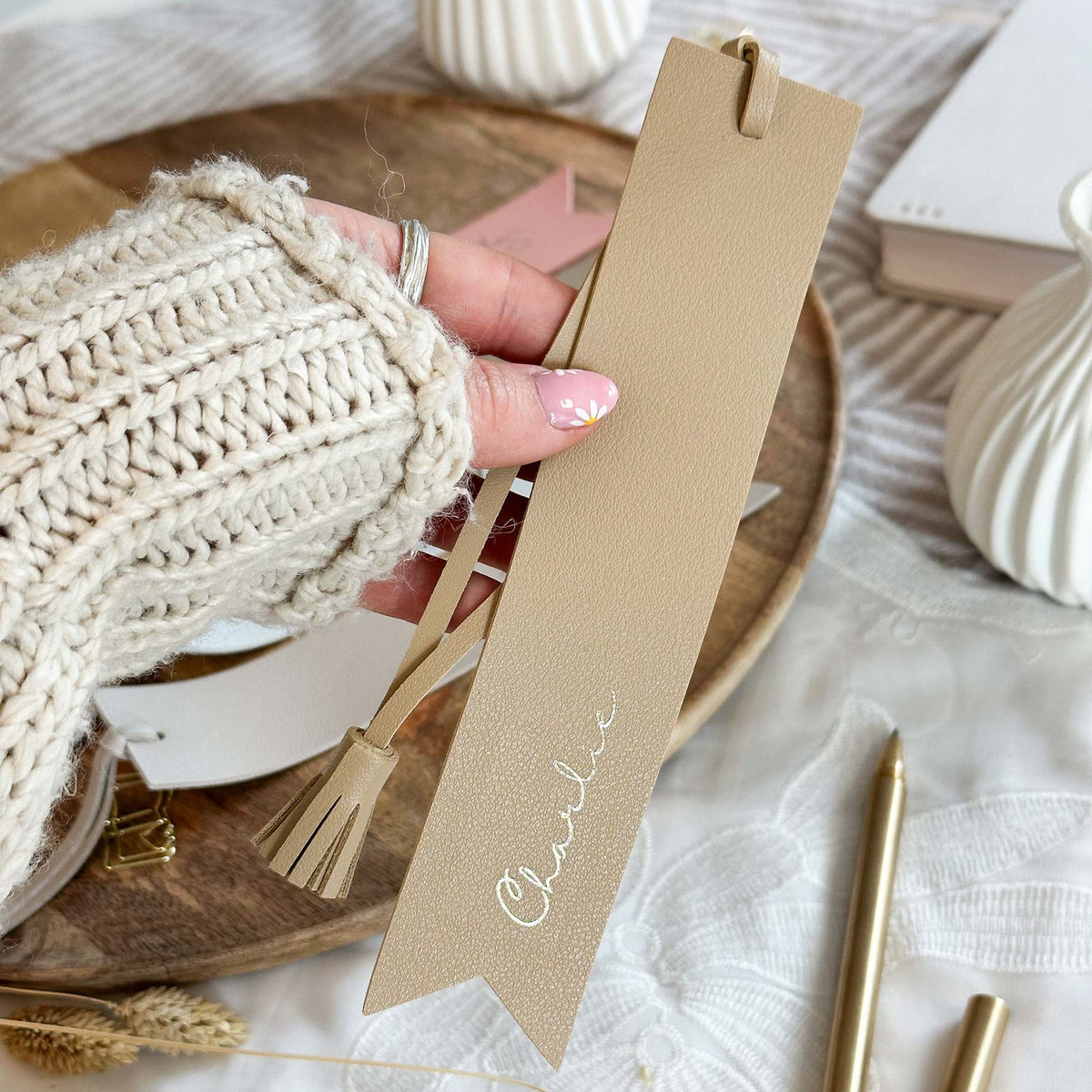 Personalized bookmark - Vegan leather - Beige