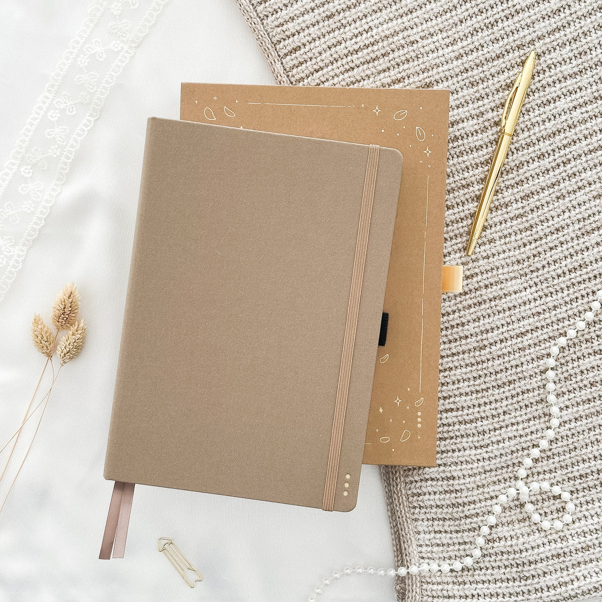 Hand-drawn journal in Cappuccino with linen hardcover, undated A5 planner