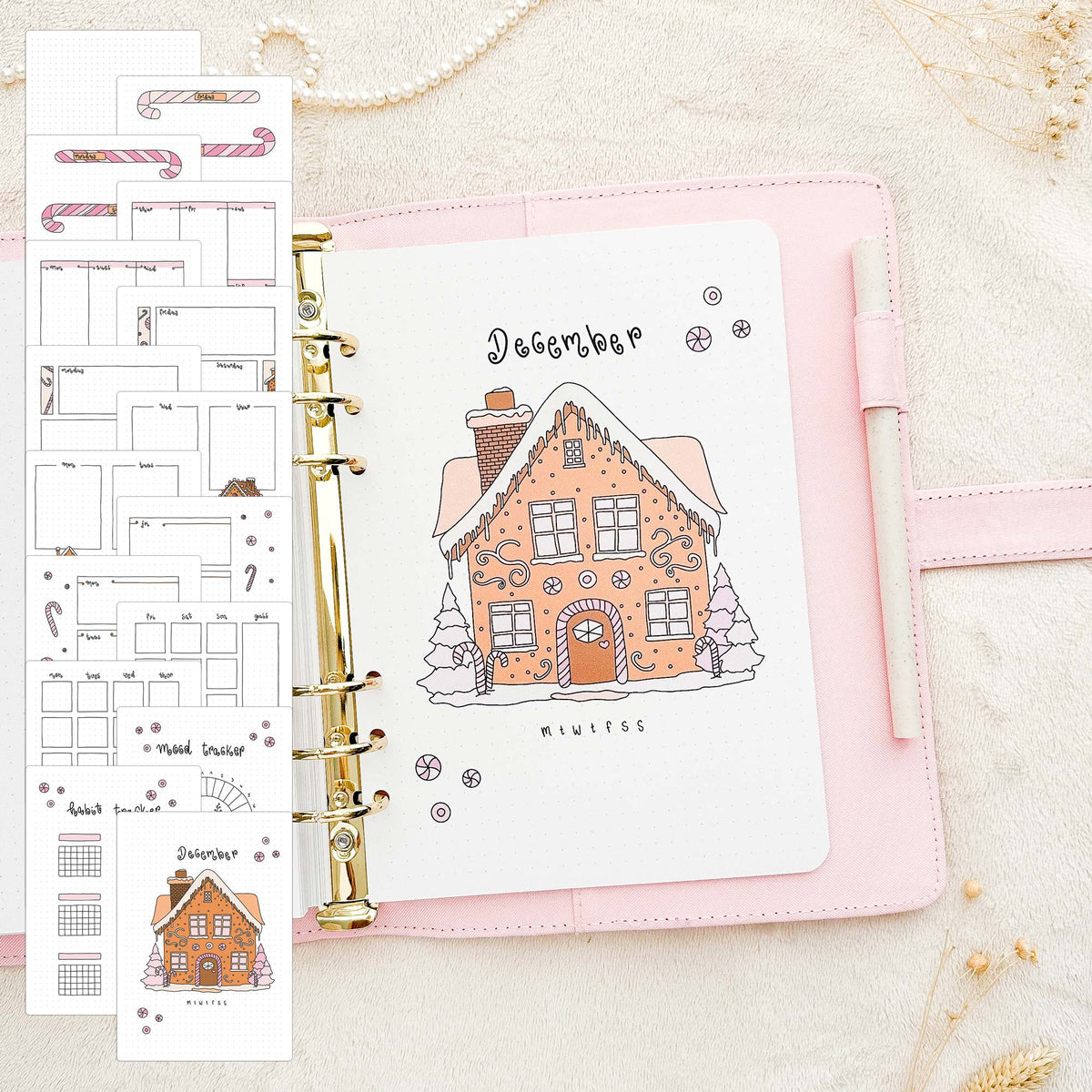 December - Gingerbread theme - Monthly Journal Insert Undated - 16 hand-drawn pages