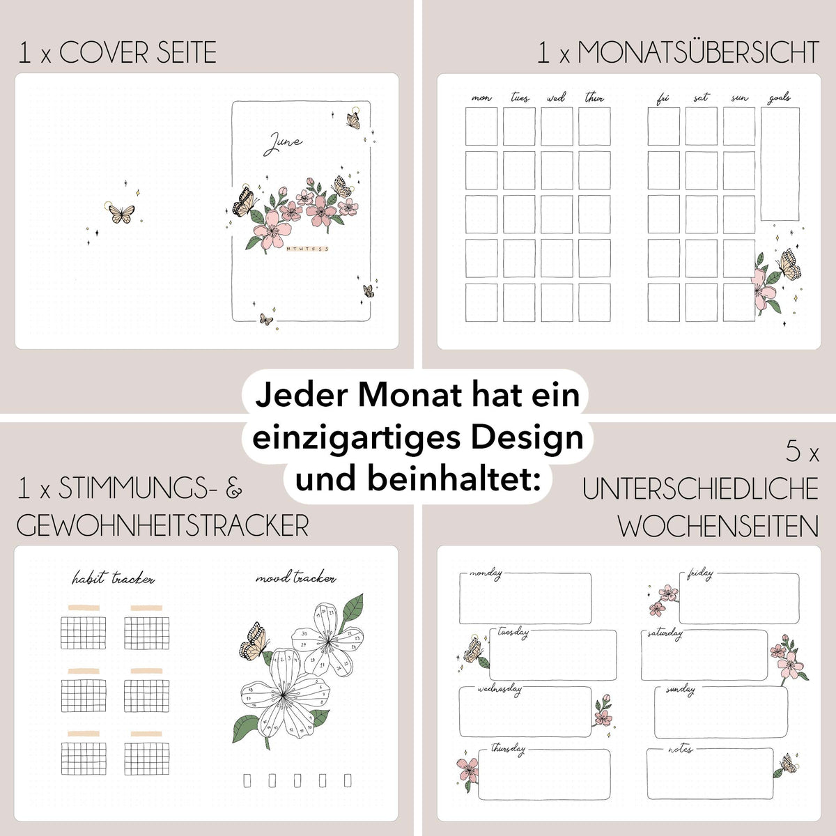 September - Music theme - Monthly Planner Undated - 16 hand-drawn pages