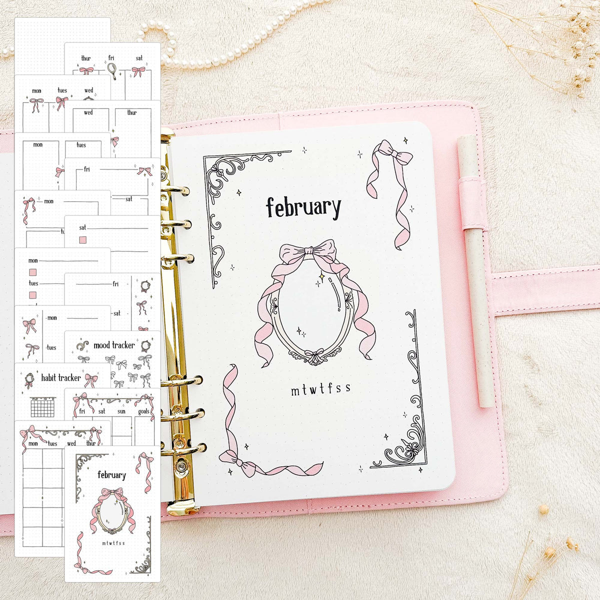 February - Bows theme - Monthly Journal Insert Undated - 16 hand-drawn pages