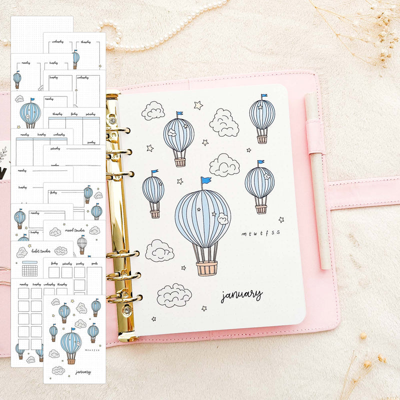 January - Hot air balloon theme - Monthly Journal Insert Undated - 16 hand-drawn pages