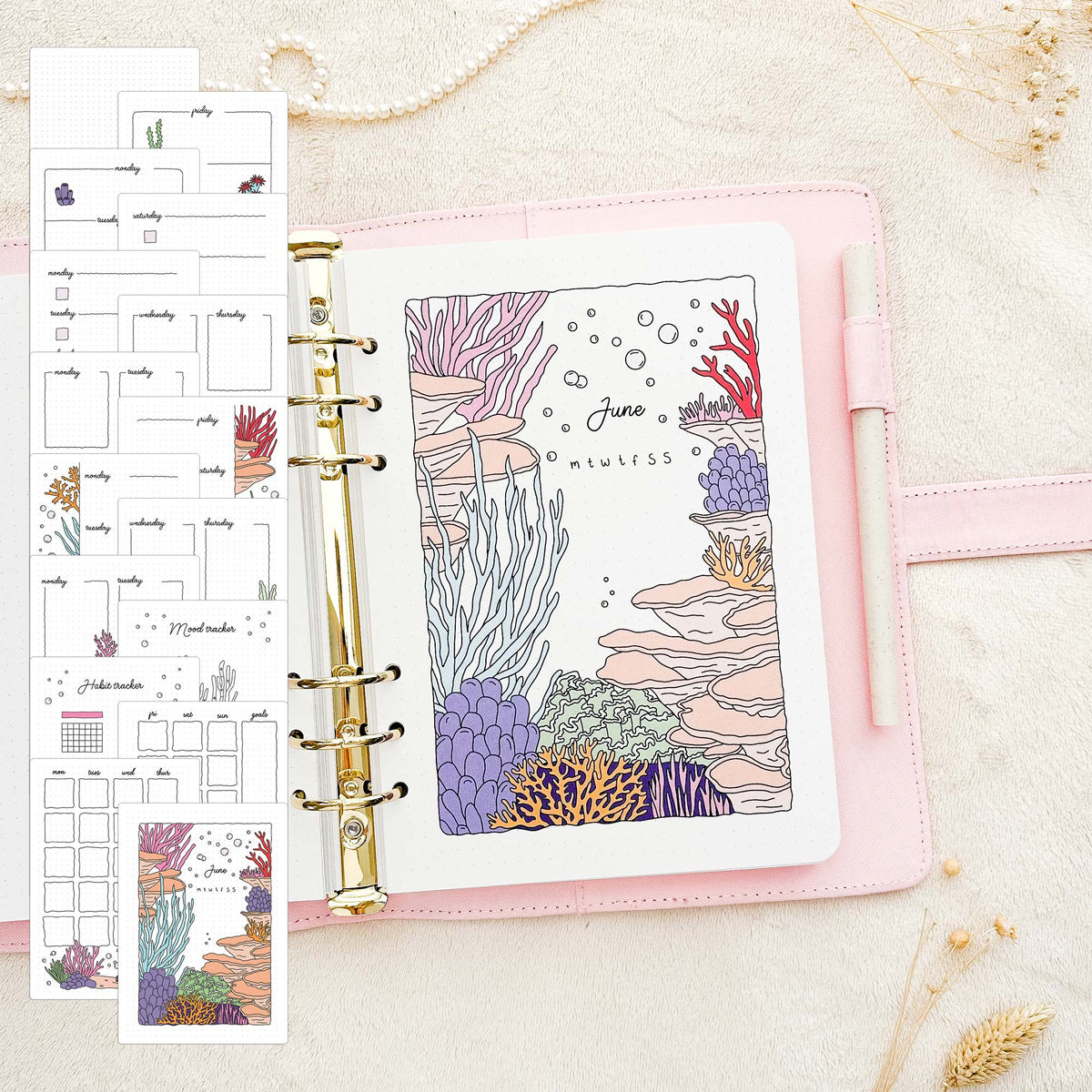 June - Corals theme - Monthly Journal Insert Undated - 16 hand-drawn pages