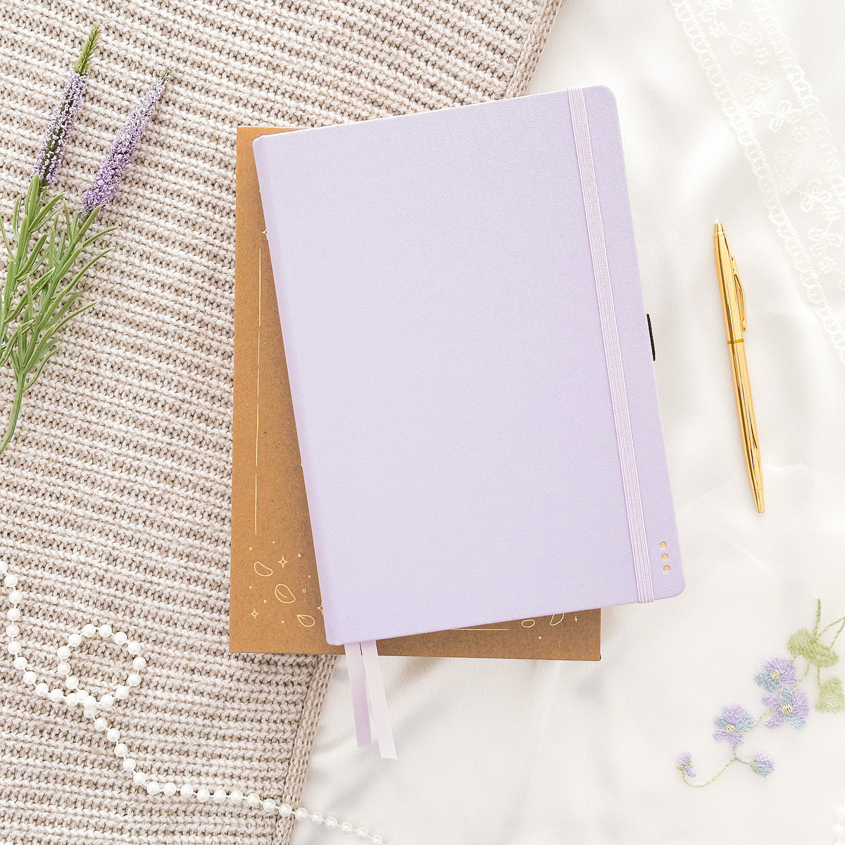 Hand-drawn journal in Lilac with linen hardcover, undated A5 planner