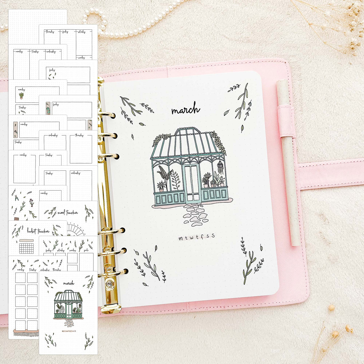 March - Greenhouse theme - Monthly Journal Insert Undated - 16 hand-drawn pages