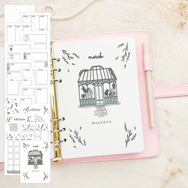 March - Greenhouse theme - Monthly Journal Insert Undated - 16 hand-drawn pages