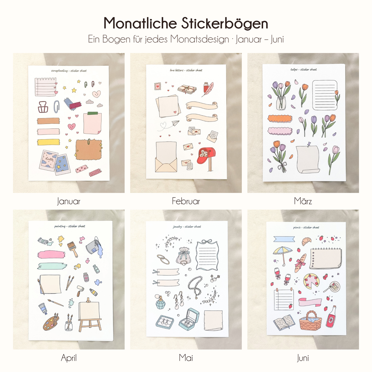 Hand-Drawn Monthly Sticker Sheets – Set of 12 · 2026/27 collection