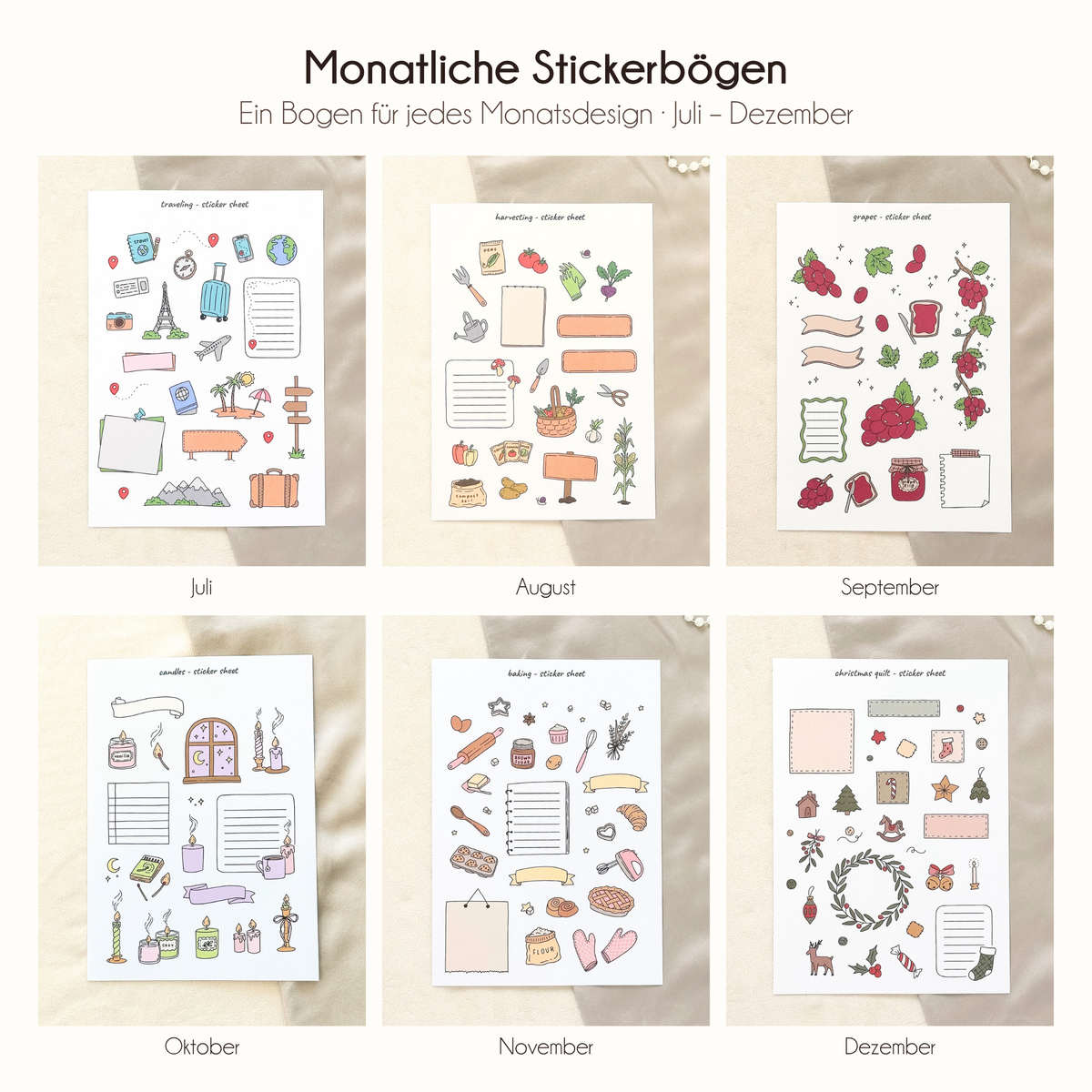 Hand-Drawn Monthly Sticker Sheets – Set of 12 · 2026/27 collection