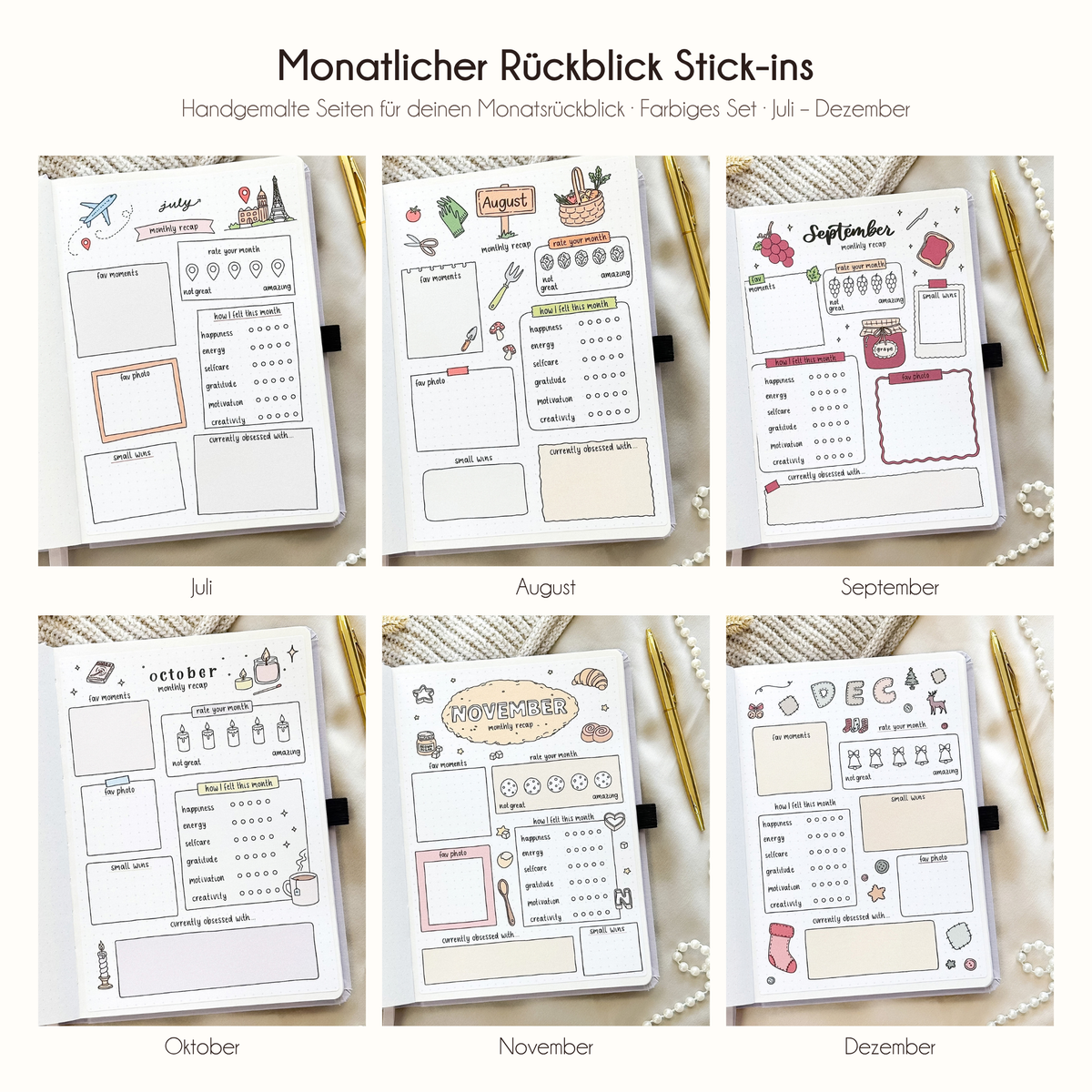 Monatsrückblick zum Einkleben - Set für 12 Monate