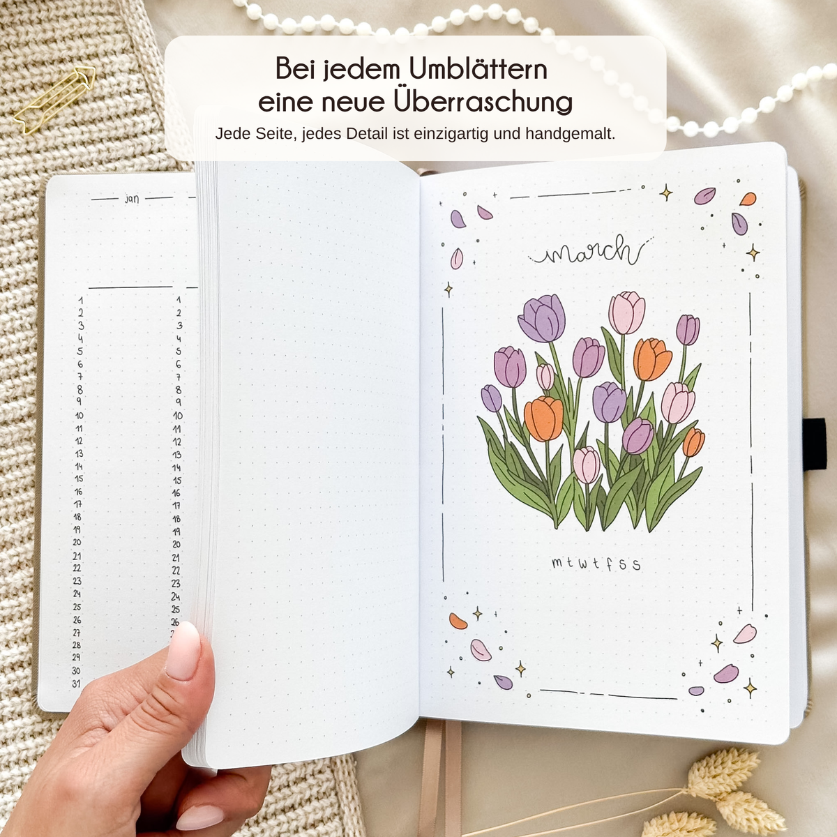 Open Cappuccino journal showing a hand-drawn monthly page, every page unique