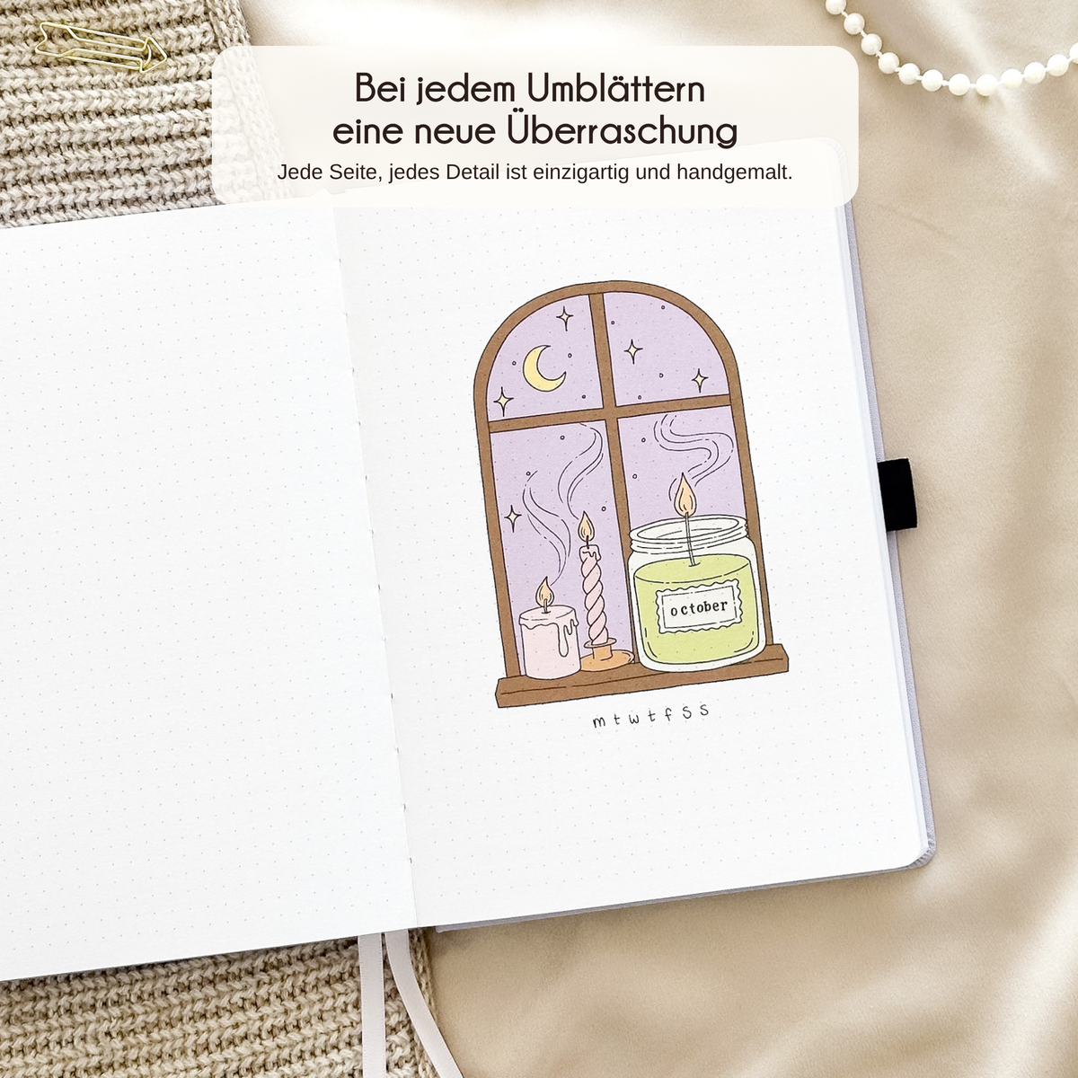Open Lilac journal showing a hand-drawn monthly page, every page unique