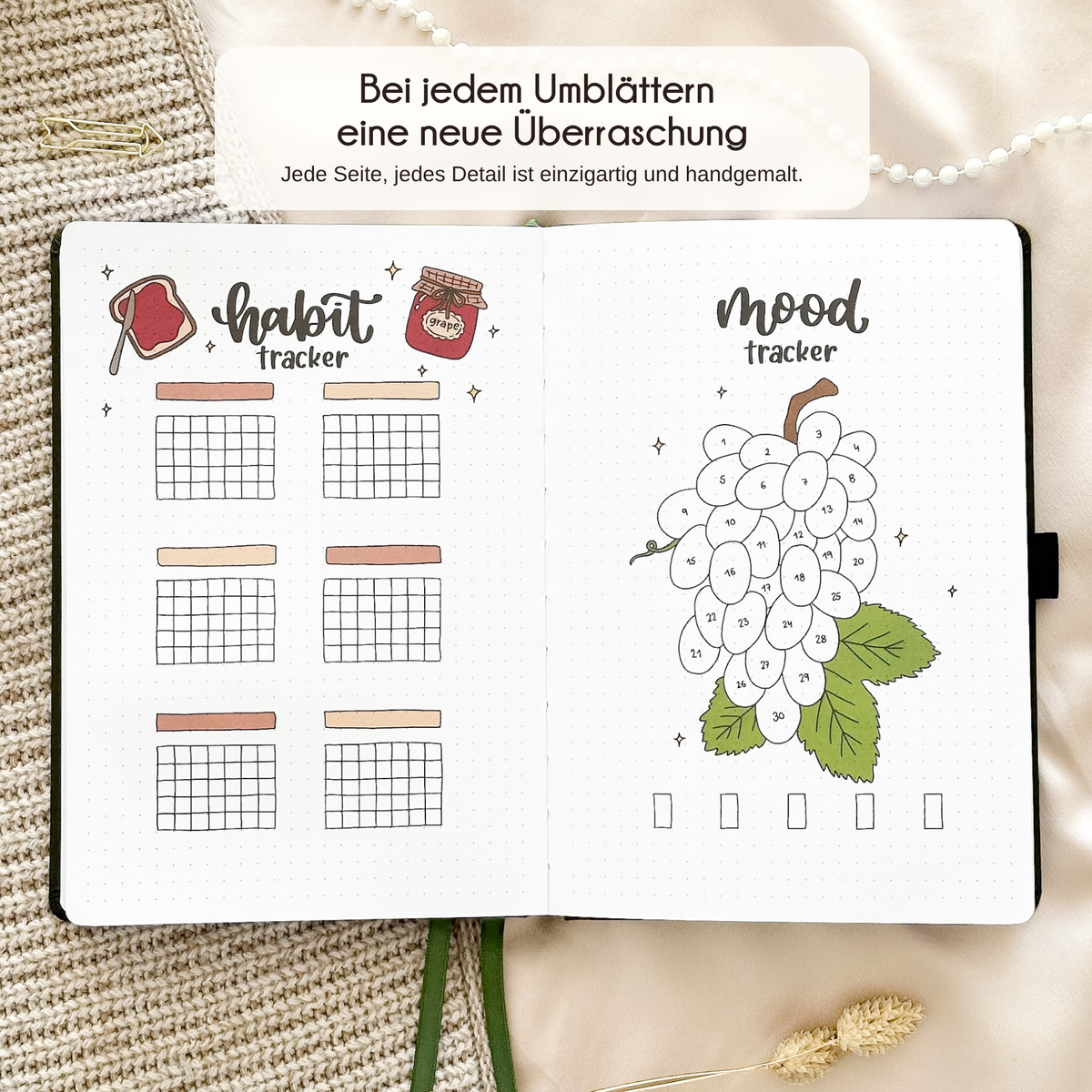 Open Olive journal showing a hand-drawn monthly page, every page unique