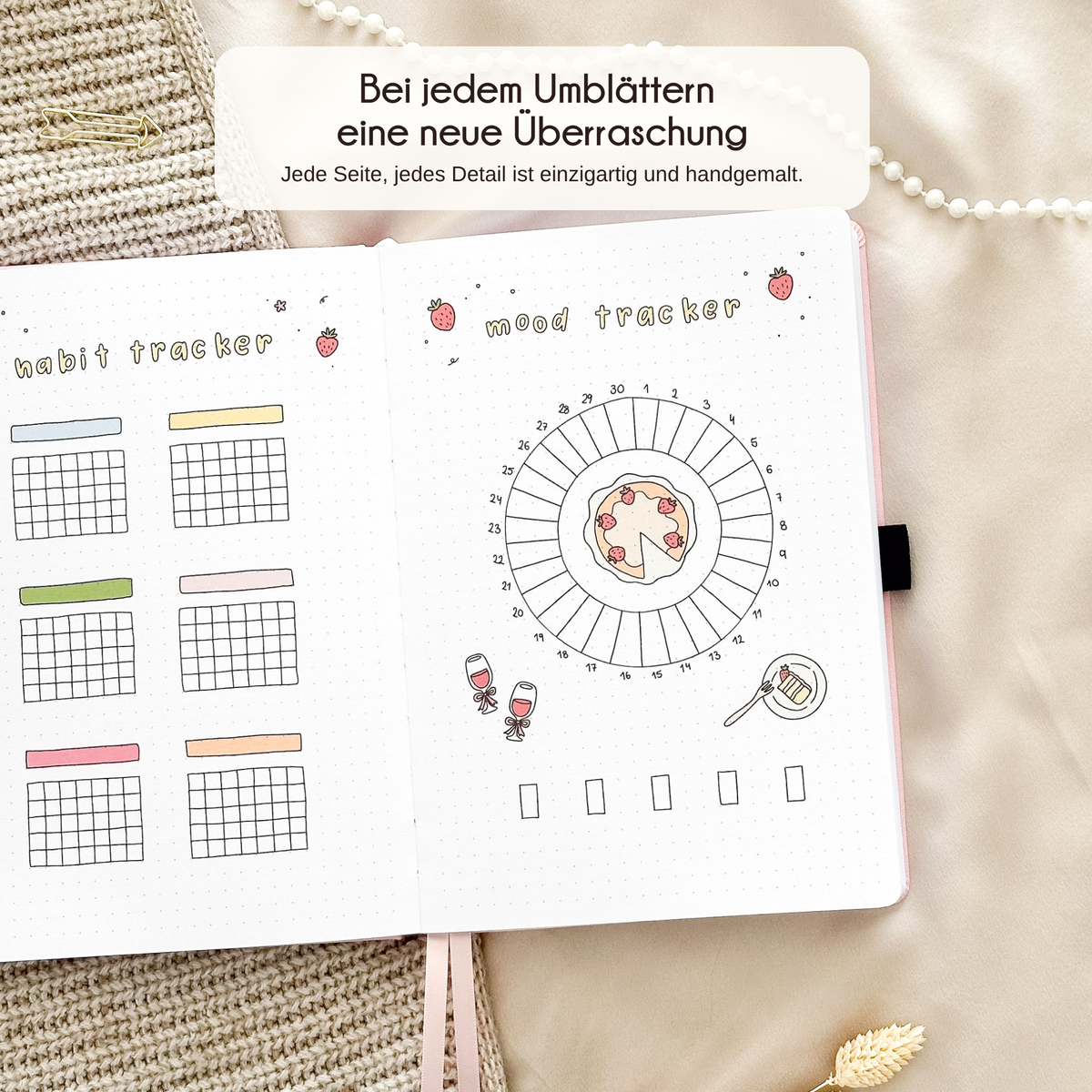 Open Rose journal showing a hand-drawn monthly page, every page unique