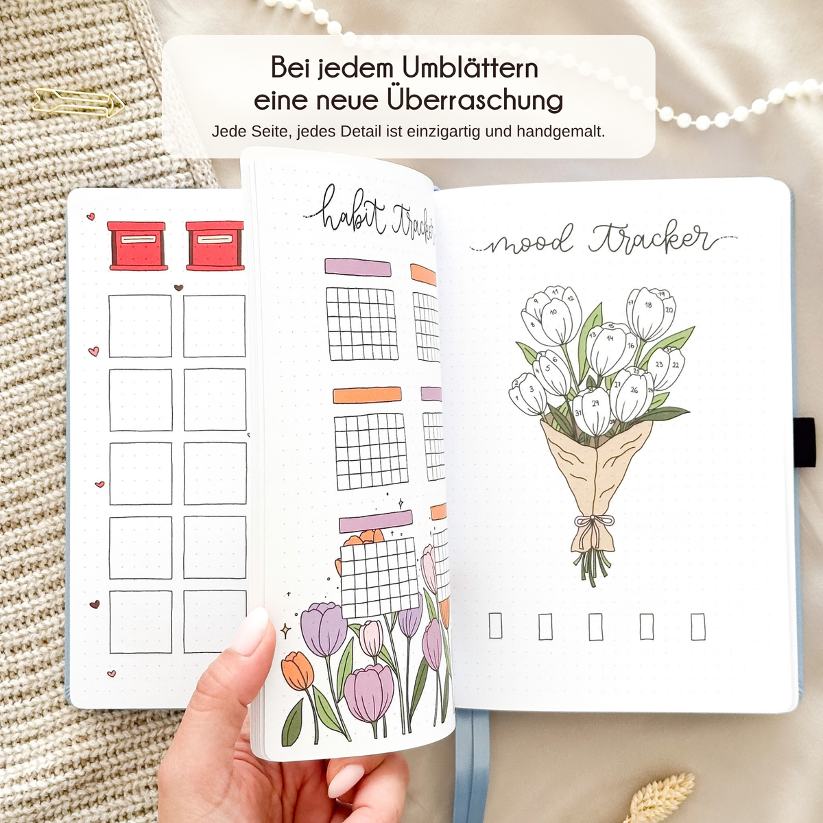 Open Sky Blue journal showing a hand-drawn monthly page, every page unique