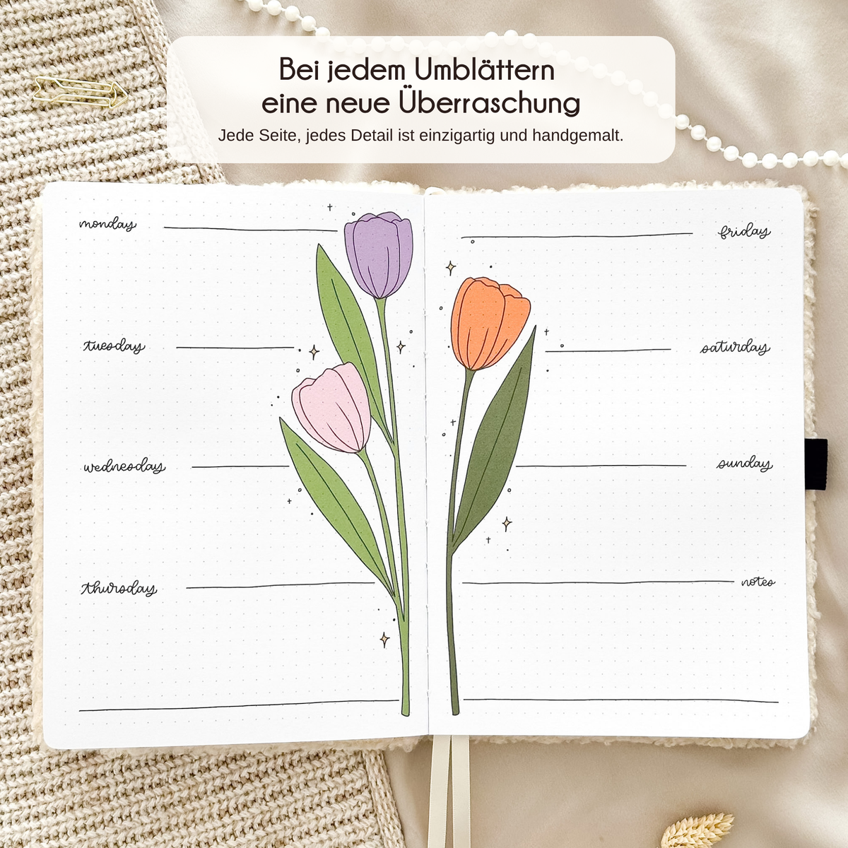 Open Teddy journal showing a hand-drawn monthly page, every page unique