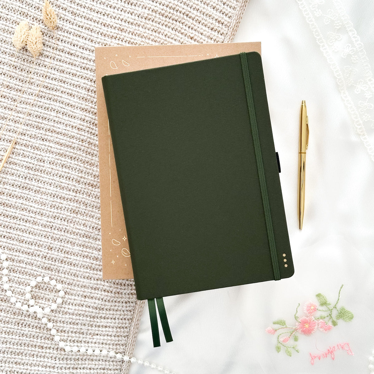 Hand-drawn journal in Olive with linen hardcover, undated A5 planner