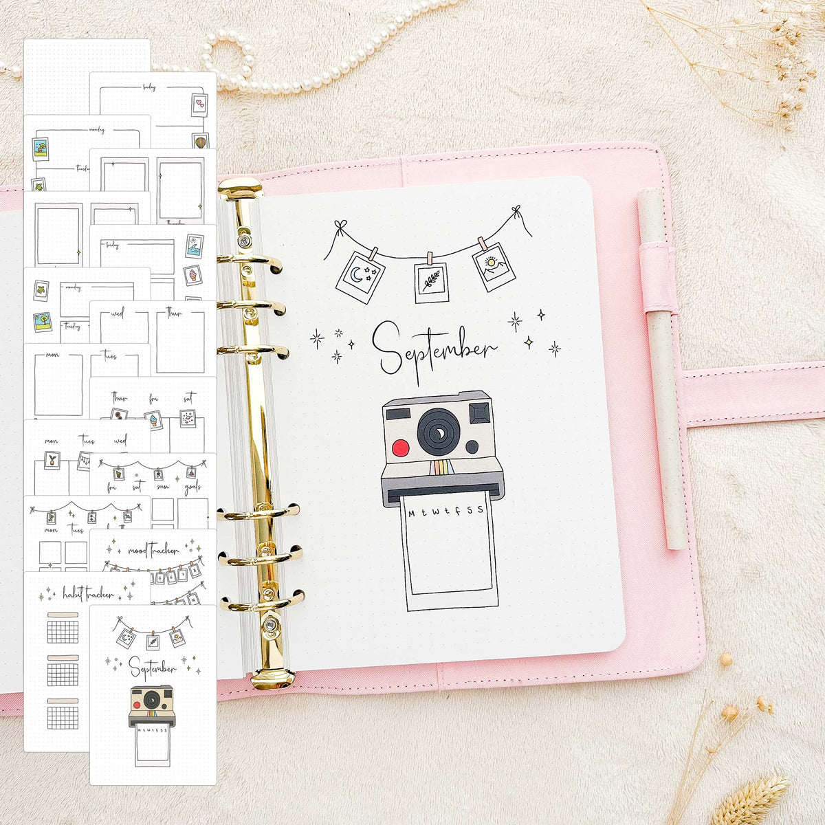 September - Instant Camera theme - Monthly Journal Insert Undated - 16 hand-drawn pages