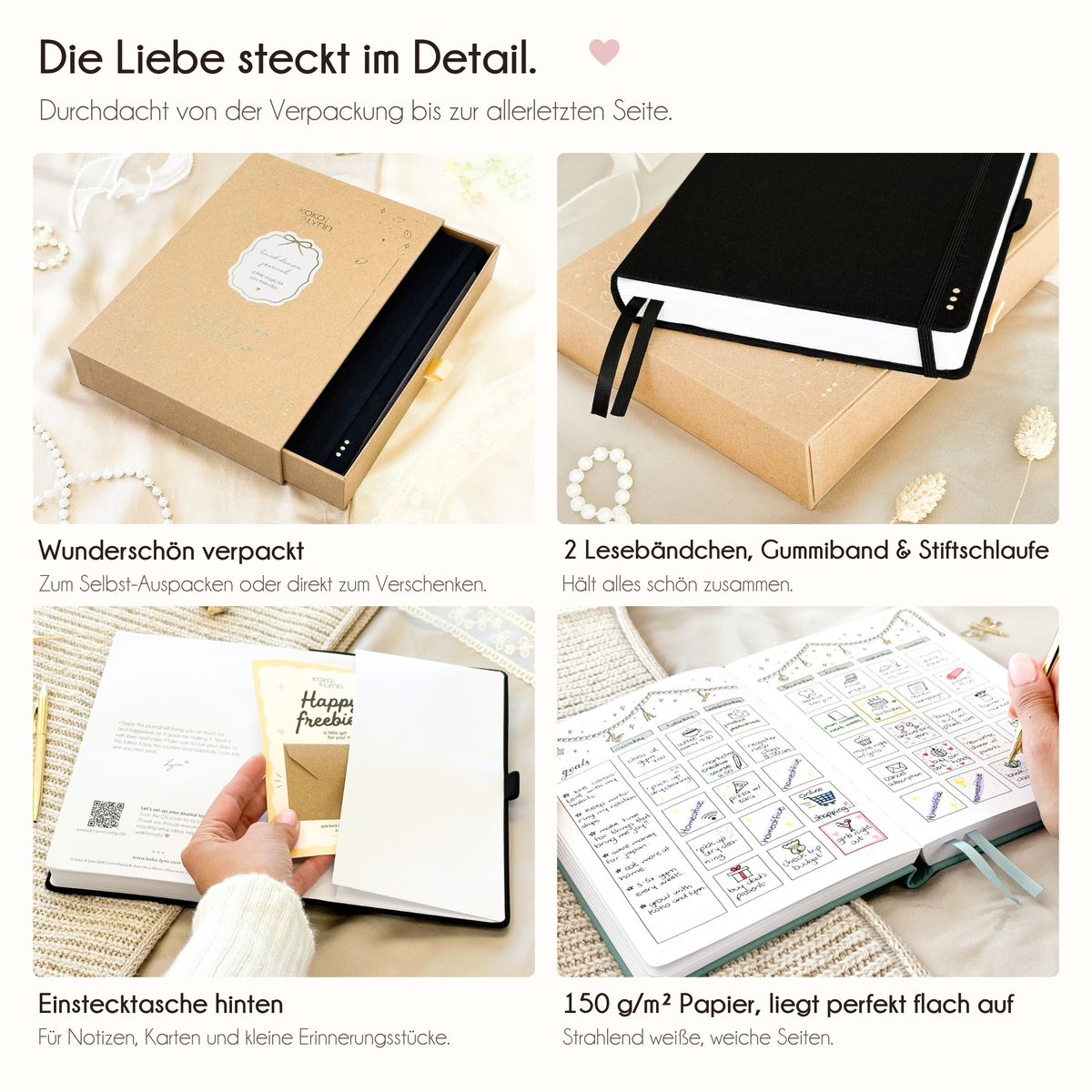Black journal details: 2 ribbon bookmarks, elastic band, pen loop, back pocket, 150gsm paper