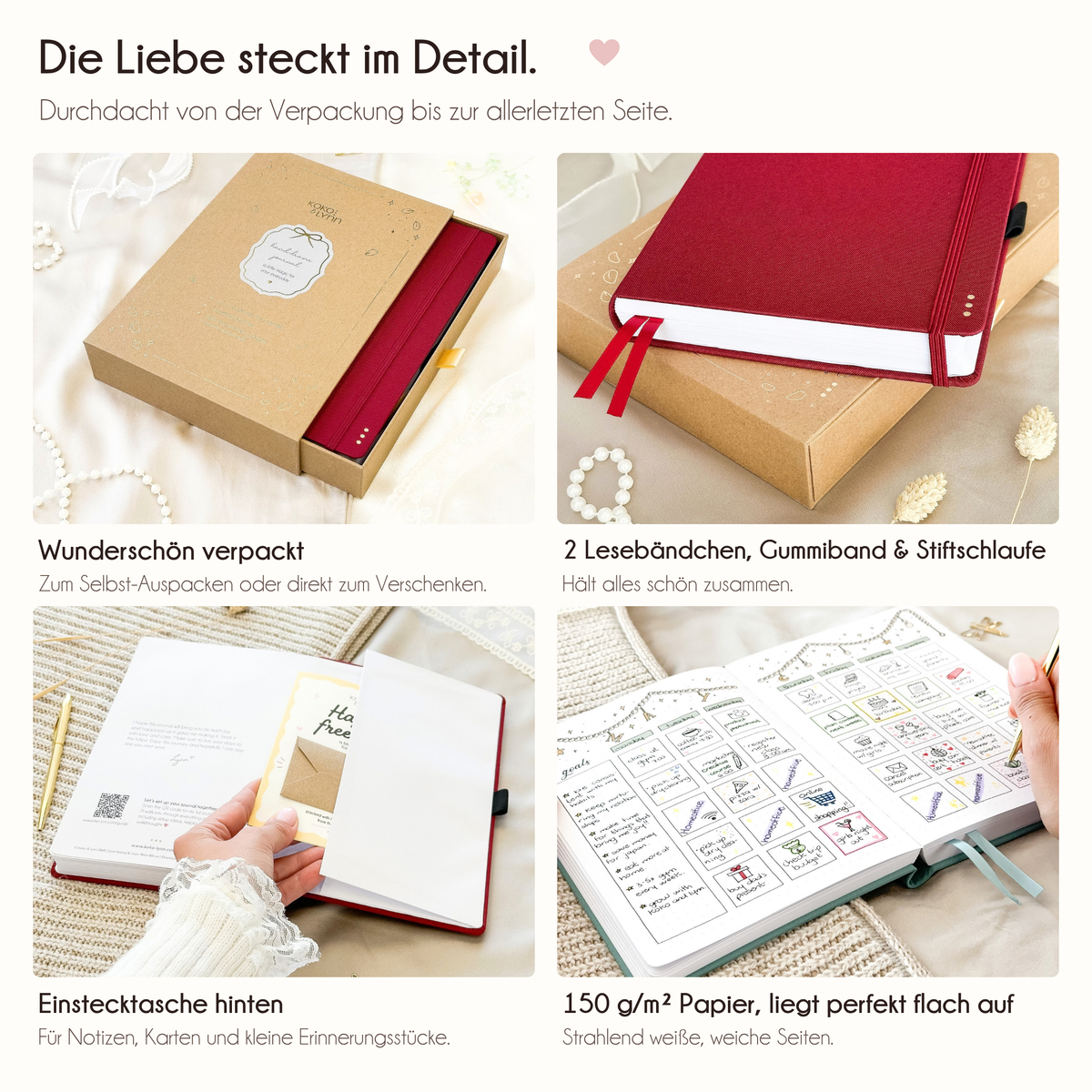 Bordeaux journal details: 2 ribbon bookmarks, elastic band, pen loop, back pocket, 150gsm paper