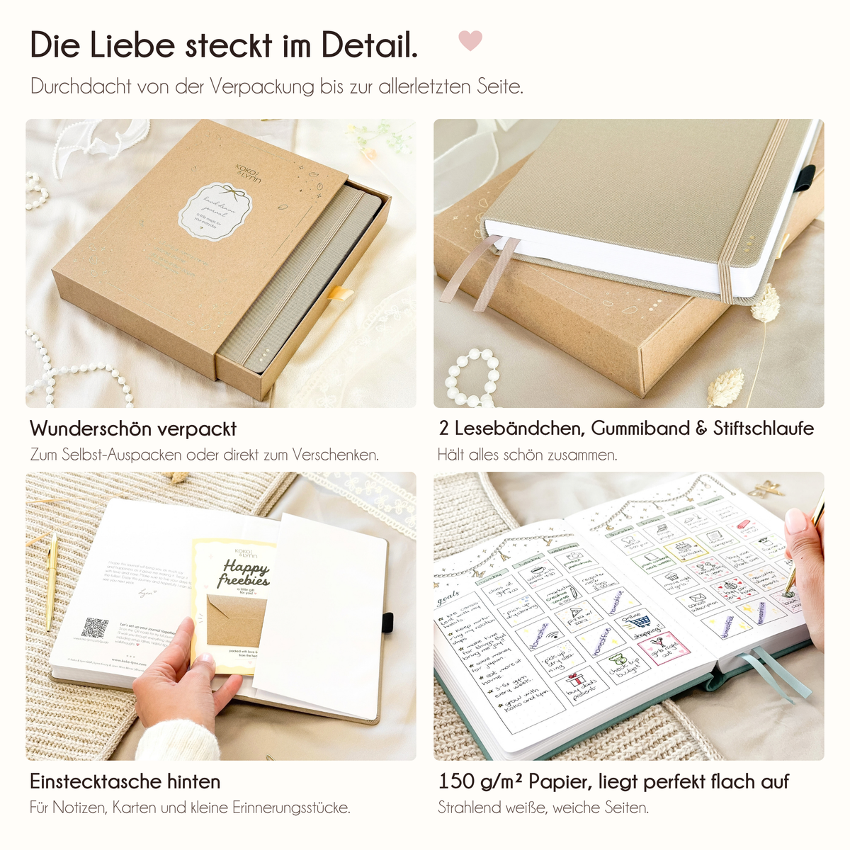 Cappuccino journal details: 2 ribbon bookmarks, elastic band, pen loop, back pocket, 150gsm paper