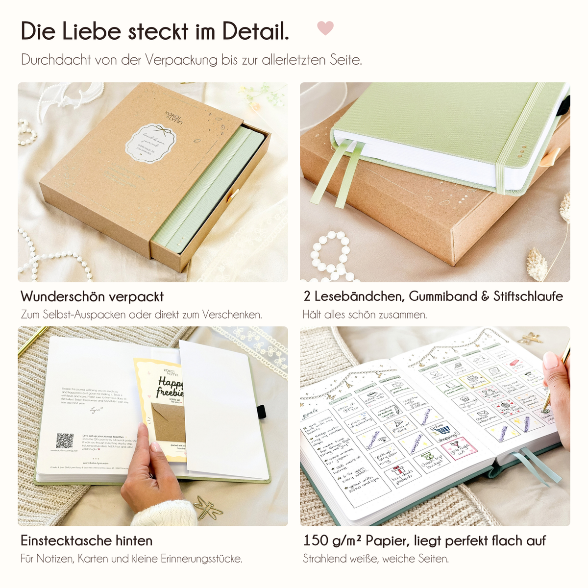 Light Green journal details: 2 ribbon bookmarks, elastic band, pen loop, back pocket, 150gsm paper