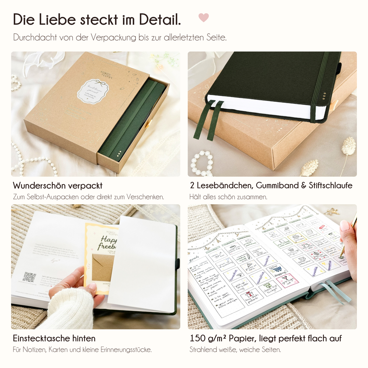 Olive journal details: 2 ribbon bookmarks, elastic band, pen loop, back pocket, 150gsm paper