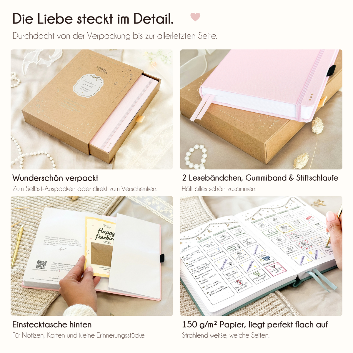 Rose journal details: 2 ribbon bookmarks, elastic band, pen loop, back pocket, 150gsm paper